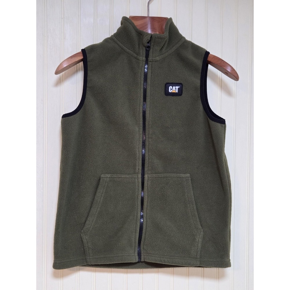 CAT Caterpillar Vest Youth Medium 10/12 Green Fleece Full Zip‎ Workwear Outdoor